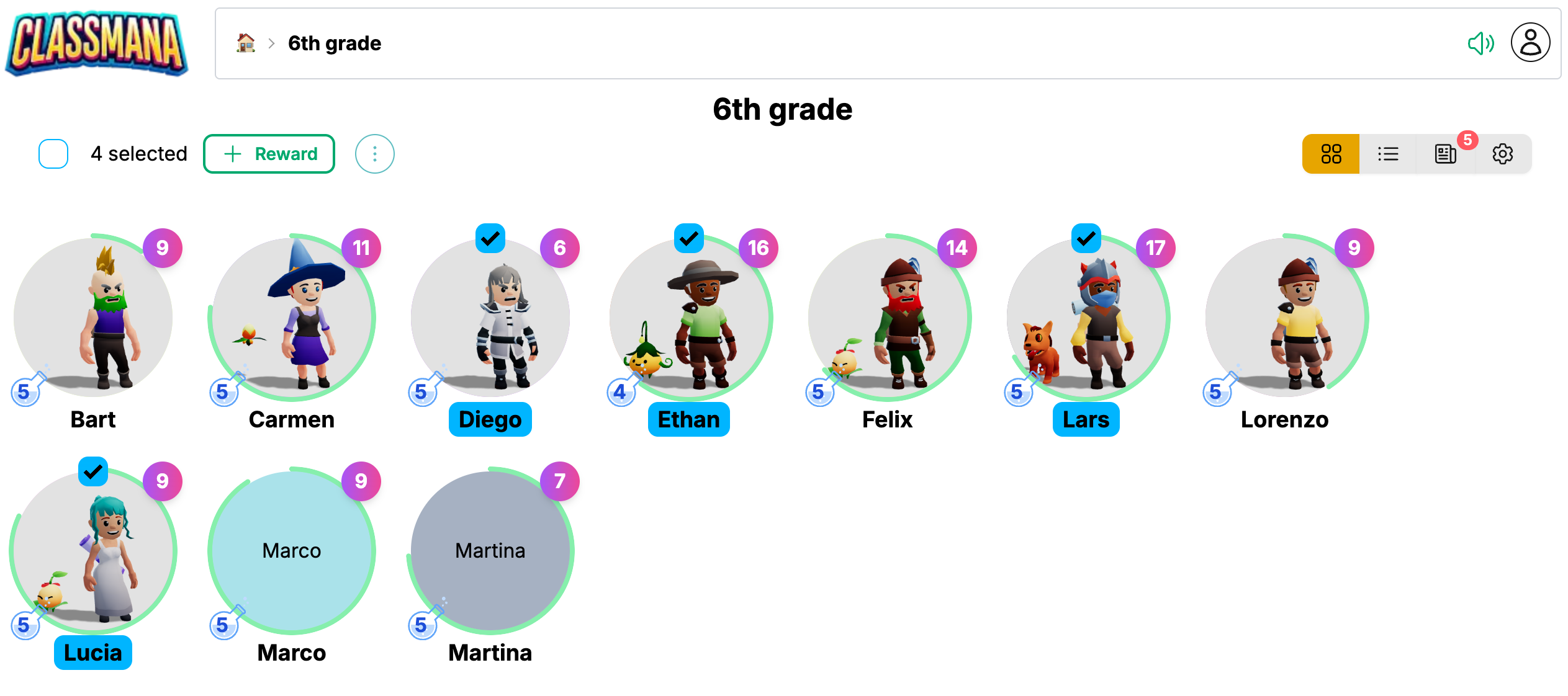 여러 학생이 선택된 모습